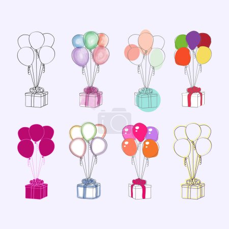 Illustration for A collection of vibrant balloons, varying in size and color, soaring high in the sky. The balloons are buoyant, gracefully drifting upwards - Royalty Free Image
