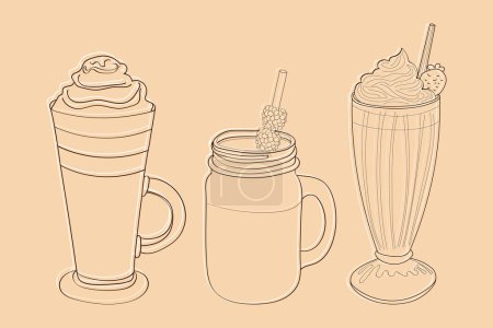 The line drawing depicts three distinct types of beverages, each with unique characteristics. The beverages are illustrated with attention to detail, showcasing their features and differences