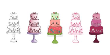 Illustration for A display of different colored cakes stacked on top of each other in a neat row. Each cake showcases a vibrant hue and is neatly arranged to create a striking visual composition - Royalty Free Image