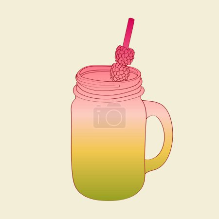 Ein Einmachglas enthält eine einzige lebendige Himbeere. Die Frucht sitzt am Boden des Glases, bereit für einen köstlichen Smoothie oder ein Dessert