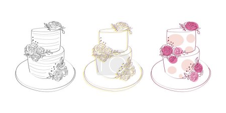 Illustration for A hand-drawn illustration showcasing three distinct types of cakes, each with unique decorations and layers. The cakes are placed side by side, emphasizing their differences in design and flavor - Royalty Free Image