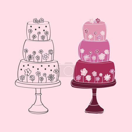 Un dessin détaillé d'un gâteau à trois niveaux avec des décorations complexes, mettant en valeur des couches de glaçage, des fleurs et des rubans. Le gâteau est élégamment affiché sur un plateau