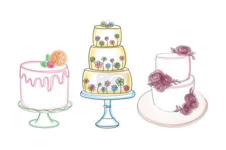Illustration for The drawing depicts three distinct types of cakes, showcasing the variety in design, shape, and decorations. Each cake is uniquely presented, highlighting their differences in style and flavor - Royalty Free Image