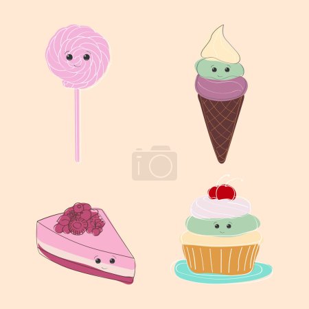 Illustration for Four unique emoticon desserts are displayed on a vibrant pink background. The desserts vary in colors, textures, and shapes, creating an eye-catching display of sweet treats - Royalty Free Image