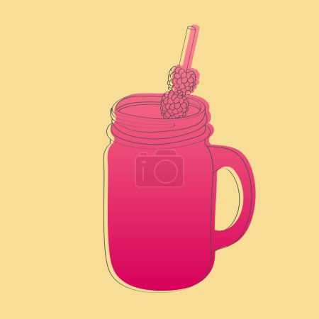Illustration for A mason jar sits on a surface, with a straw inserted and a single raspberry placed delicately on top. The bright red berry adds a pop of color to the scene - Royalty Free Image