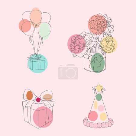 A pink background is adorned with colorful balloons, a wrapped gift box, and a festive party hat. The vibrant decorations create a joyful and celebratory atmosphere