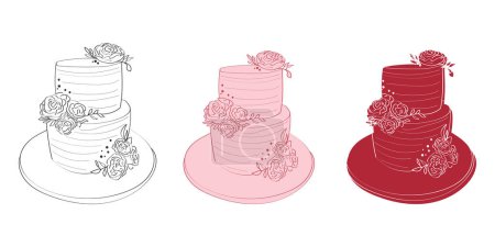 Illustration for Three distinct wedding cakes of varied designs and flavors are displayed on a clean white background. Each cake has unique decorations and colors catering to different preferences and themes - Royalty Free Image