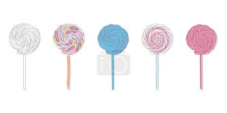 Illustration for A row of colorful lollipops are arranged on top of each other, creating a vertical stack. The candies vary in flavor and are displayed in a neat and orderly fashion - Royalty Free Image