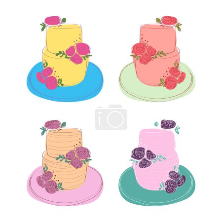 Cuatro tipos distintos de pasteles se muestran en placas individuales sobre un fondo blanco. Cada pastel muestra sabores y diseños únicos, creando una pantalla visualmente interesante y atractiva