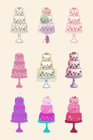Ilustración de Las tortas de colores se muestran en un blanco, mostrando una gama de sabores y diseños. Los pasteles están perfectamente organizados y listos para ser disfrutados por los huéspedes o clientes. - Imagen libre de derechos