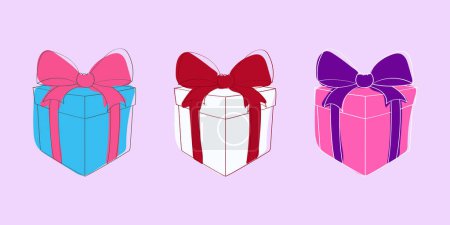 Illustration for Three vibrant boxes in red, blue, and white colors, each adorned with a festive bow on top, are neatly arranged in a row - Royalty Free Image