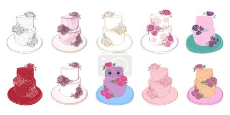 Illustration for Various types of cakes are displayed on a clean white background. The cakes vary in flavors, shapes, and decorations, creating a visually appealing array of sweet treats - Royalty Free Image