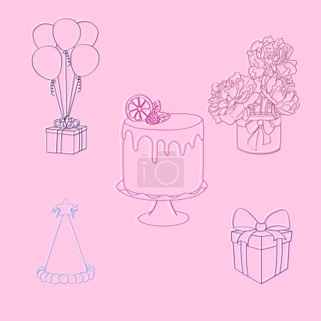 Une illustration dessinée à la main mettant en vedette un gâteau d'anniversaire coloré avec des bougies et une variété de cadeaux enveloppés autour de lui