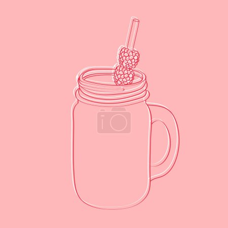 Illustration for A mason jar sits on a pink background, filled with vibrant red raspberries. The ripe fruits contrast beautifully against the soft pastel backdrop - Royalty Free Image