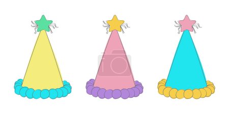 Drei bunte Partyhüte mit sternförmigen Oberteilen. Die Hüte sind bereit für eine festliche Feier und sind mit leuchtenden Farben dekoriert