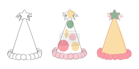 Téléchargez les illustrations : Trois chapeaux de fête colorés sont affichés avec une étoile au-dessus de chacun. Les chapeaux sont placés côte à côte sur une surface plane, créant une scène joyeuse et festive - en licence libre de droit