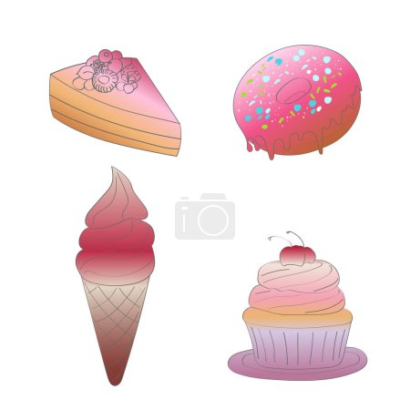 Illustration for A group of various types of desserts, including cakes, pastries, cookies, and tarts, arranged neatly on a white background - Royalty Free Image