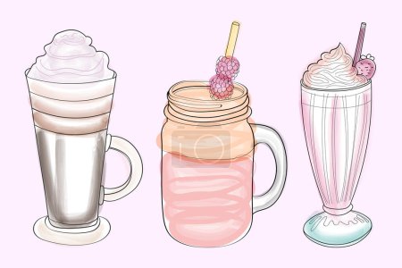 Ilustración de Cada uno en un vaso separado, tres bebidas se muestran en una superficie de color rosa brillante. Las bebidas varían en color y tipo, agregando interés visual a la composición - Imagen libre de derechos