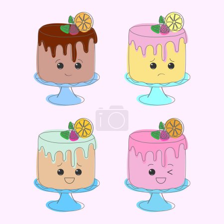 Illustration for A group of four cakes displayed with different toppings including chocolate, berries, cream, and caramel. The cakes look delicious and tempting, showcasing a variety of flavors and textures - Royalty Free Image