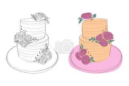 Ilustración de Un dibujo detallado de un pastel de bodas con capas intrincadas y delicadas rosas en la parte superior. El pastel está bellamente decorado en un estilo de boda tradicional - Imagen libre de derechos