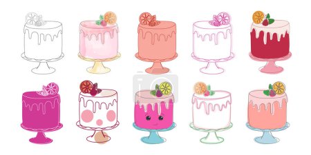 Various types of cakes are displayed on a clean, white background. The cakes vary in flavors, shapes, and decorations, creating a colorful and appetizing array of desserts