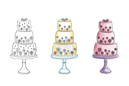 Téléchargez les illustrations : Un dessin présentant trois types distincts de gâteaux, chacun présentant des dessins et des décorations uniques. La taille, la forme et les garnitures des gâteaux varient, ce qui souligne la diversité de la fabrication des gâteaux. - en licence libre de droit
