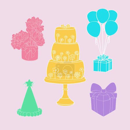 Ilustración de Una tarjeta de cumpleaños que muestra un pastel de colores con velas encendidas y globos festivos en el fondo. El pastel está decorado con glaseado y espolvoreado - Imagen libre de derechos