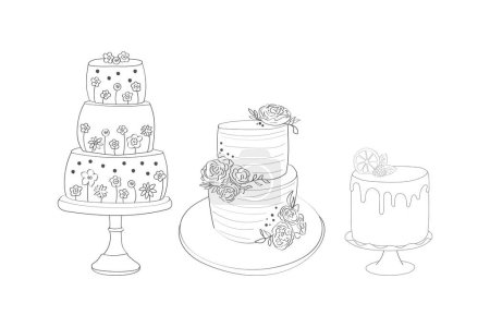 Téléchargez les illustrations : Un dessin représentant trois gâteaux distincts placés sur une table. Chaque gâteau est conçu de manière unique et se distingue sur la surface de la table - en licence libre de droit