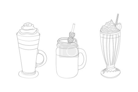 Trois styles différents de milkshakes sont représentés dans un style minimaliste, dessiné à la main, mettant en valeur les boissons classiques de dessert ornées de crème fouettée et de garnitures telles que la fraise et les biscuits
