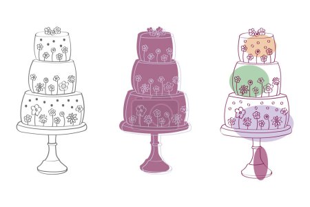 Téléchargez les illustrations : Le dessin représente un gâteau détaillé à trois niveaux avec des décorations complexes, y compris le glaçage, les fleurs et la tuyauterie délicate. Chaque niveau est orné de dessins différents - en licence libre de droit