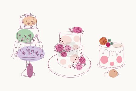 Illustration for There are three distinct cakes, a chocolate cake, a vanilla sponge cake, and a carrot cake. Each cake is beautifully decorated with frosting, sprinkles, and fruit toppings - Royalty Free Image