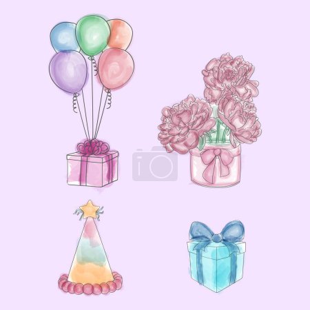 Una colección de globos vibrantes, una caja de regalo envuelta y un ramo fresco se muestran juntos. Los globos son de varios colores, la caja de regalo es rectangular, y las flores