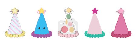Una fila de coloridos sombreros de fiesta adornados con estrellas alineadas cuidadosamente en una exhibición festiva. Cada sombrero es vibrante y listo para la celebración