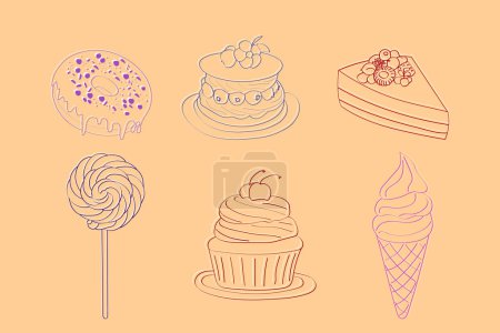Varios tipos de pasteles y postres, incluyendo cupcakes, pasteles, tartas, pasteles y más. Cada postre se representa de forma única con detalles intrincados y colores vibrantes