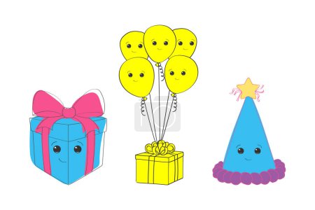 Téléchargez les illustrations : Une carte d'anniversaire festive avec des ballons émotionnels colorés, un coffret cadeau enveloppé et une étoile brillante sur un fond lumineux. Les ballons flottent, le coffret cadeau emoticon est noué au ruban - en licence libre de droit