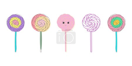 Illustration for A row of colorful lollipops, each featuring hand-drawn faces on their round candies - Royalty Free Image