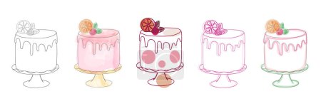 Illustration for This drawing showcases five distinct types of cakes, each with unique designs and toppings. From classic chocolate cakes to fruity sponge cakes - Royalty Free Image