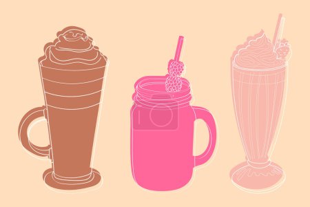 Illustration for Three distinct beverages are arranged in a line, showcasing their unique colors and textures. Each drink represents a different flavor profile - Royalty Free Image