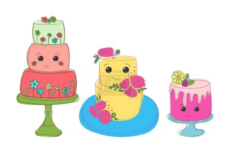 Tres pasteles emoticones distintos, cada uno con decoraciones y presentaciones únicas están perfectamente organizados