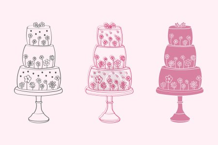 Illustration for Three elaborately decorated tiered cakes are placed on a table, showcasing different designs and flavors. The cakes are carefully crafted with layers of frosting and intricate details - Royalty Free Image