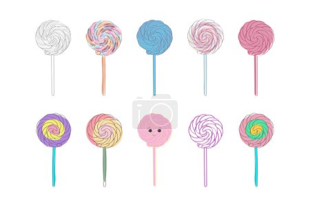 Illustration for Colorful lollipops are placed on top of each other in a vertical stack. Each sweet treat stands out with its unique shape and vibrant hue, creating a visually appealing composition - Royalty Free Image
