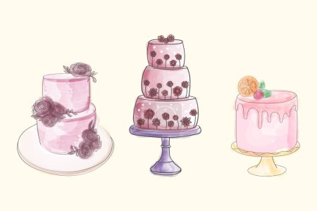 In dieser Zeichnung sind drei verschiedene Arten von Kuchen dargestellt. Jeder Kuchen ist einzigartig gestaltet und präsentiert eine Vielzahl von Geschmacksrichtungen, Toppings und Dekorationen
