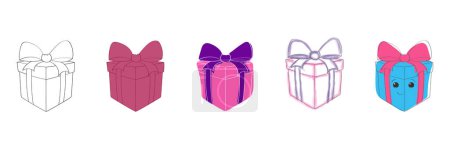 Illustration for This image features a set of five distinct colored boxes adorned with decorative bows. Each box stands out with its unique hue and ribbon design, creating a visually appealing arrangement - Royalty Free Image