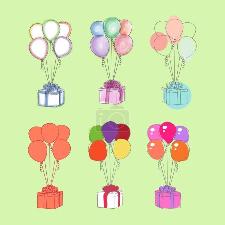 Ilustración de Un grupo de globos de colores se elevan en el aire, llevados por el viento. Los globos son flotabilidad y flotan con gracia - Imagen libre de derechos