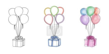Illustration for A drawing portraying colorful balloons floating next to a gift box. The balloons are of various sizes and colors, while the gift box is beautifully wrapped with a bow - Royalty Free Image