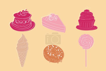 Auf einem leuchtend gelben Hintergrund sind verschiedene Dessertsorten angeordnet. Zu den Desserts gehören Kuchen, Cupcakes, Kekse und Gebäck