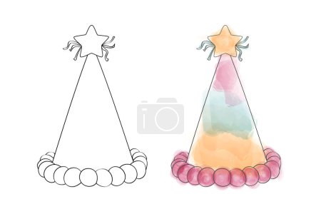Téléchargez les illustrations : Un dessin avec un chapeau de fête coloré avec une étoile sur la pointe, mettant en valeur des couleurs vives et un design festif - en licence libre de droit