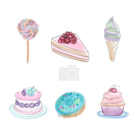 A detailed drawing showcasing various types of delectable cakes and desserts, including slices of cheesecake, cupcakes, and fruit tarts