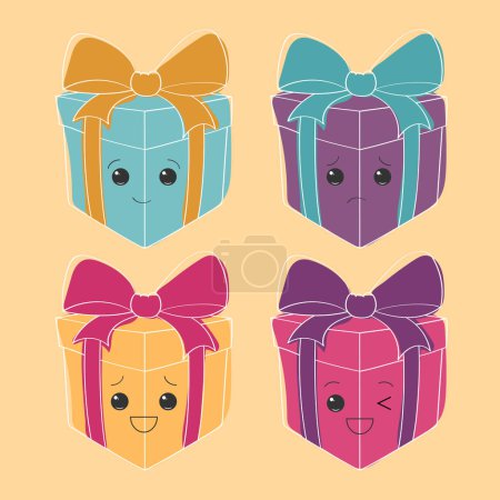 Illustration for Four square boxes in bright colors are displayed. Each box has a unique face with eyes, nose, and mouth, as well as a decorative bow on top - Royalty Free Image