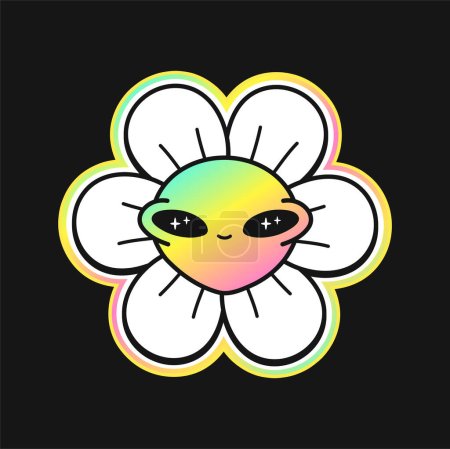 Funny alien flower face.Vector cartoon character illustration logo.Smile groovy chamomile flower face,acid,techno,trippy print for t-shirt,poster art concept